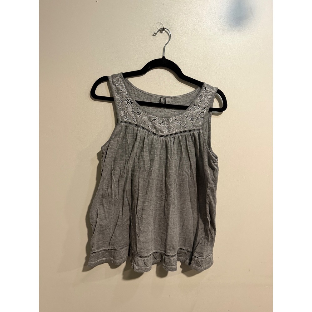 EST 1946 Womens Grey Lace Yoke Ruffle Hem Sleeveless Cotton Tank Top Size M
